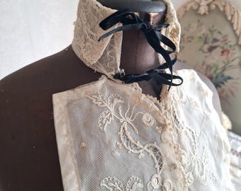 Antique Edwardian High Neck Lace Collar Insert, Lace Dickey Collar, Embroidered Lace Collar, Tambour Lace Collar, Dress Front Collar
