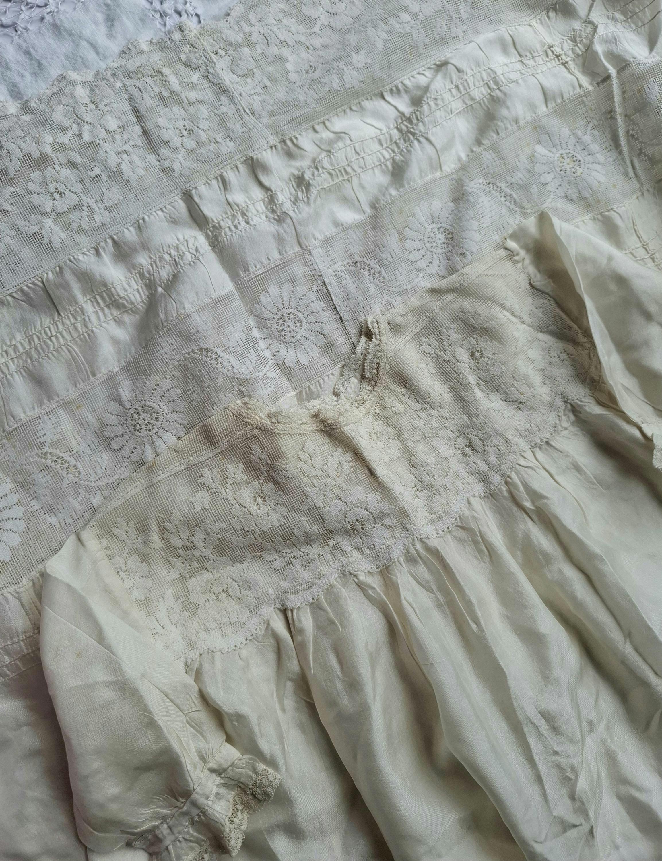 Antique Vintage Silk Christening Gown Robe, Beige Cream Silk Baptism Gown, Handsewn Lace Christening Baby Dress, Heirloom Baby