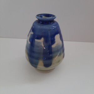 Peut inclure: Un petit vase en céramique bleu et blanc de forme ronde et bulbée. Le vase est recouvert d'un glaçage qui crée un effet marbré, avec des stries bleues et blanches.