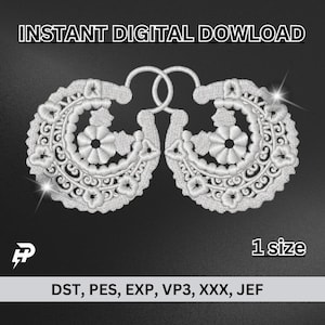 May include: White embroidery design of two ornate, connected, circular earrings. The design is intricate and features a floral pattern. The text "INSTANT DIGITAL DOWNLOAD" and "1 size" are also included in the image. The file formats are listed as "DST, PES, EXP, VP3, XXX, JEF".