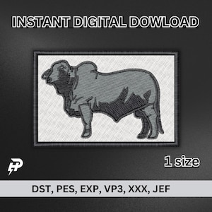 May include: A digital embroidery design of a gray and black bull, suitable for use with embroidery machines. The design is available in DST, PES, EXP, VP3, XXX, and JEF formats.