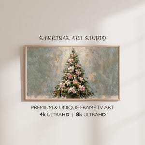 May include: Rectangular framed art print featuring a Christmas tree design. The artwork displays a textured, impressionistic style with a palette of greens, whites, and pinks. The text "SABRINAS ART STUDIO" is at the top.