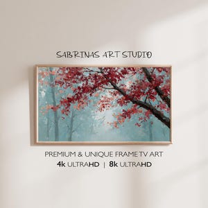 Può includere: Dipinto di paesaggio incorniciato con un albero dalle vivaci foglie rosse su uno sfondo nebbioso blu e verde. L'opera è etichettata "Sabrinas Art Studio" e include il testo per "Premium & Unique Frame TV Art" e "4K ULTRAHD | 8K ULTRAHD".