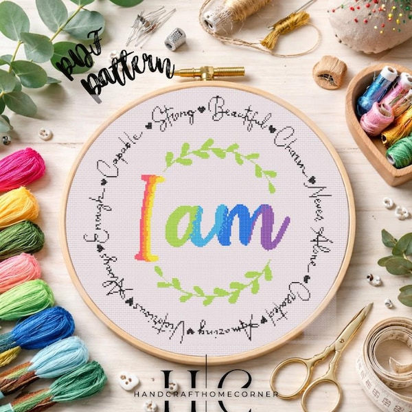 I Am Affirmation Cross Stitch Pattern PDF, Motivational Quote Embroidery, Positive Mindset Wall Art, Modern Typography Decor