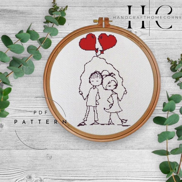 Romantic Couple. Cross Stitch Pattern. Lovers with Heart Balloons. Charming couple surrounded by heart balloons. Symbol of everlasting love