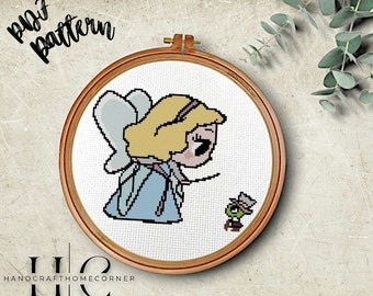 Magical Blue Fairy and Jiminy Cricket Cross Stitch PDF Pattern from Pinocchio Movie. Perfect Wall Art for Home Decor and Kid's Room