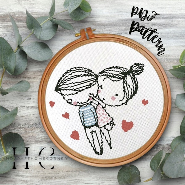 Couple in Love. Cross Stitch PDF Pattern - 'Guess Who?'. Romantic Couple. Playful Moments Together. Cozy Love Moments