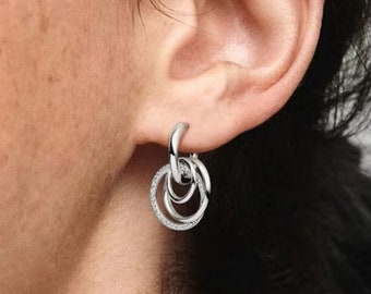 Pendientes Pandora de plata de ley-Pendientes de tres anillos de plata de ley S925-Regalo para ella