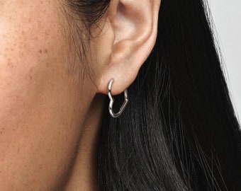 Asymmetrical Heart Hoop Earrings-Pandora Style Sterling Silver Earrings-Minimalist Everyday Charm Earrings