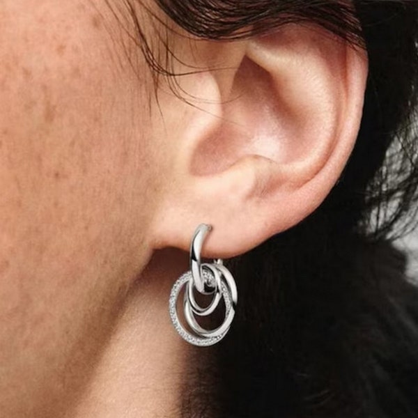 Sterling Silber Pandora Ohrringe-S925-Sterling Silber Drei-Ring-Ohrringe-Geschenk für Sie