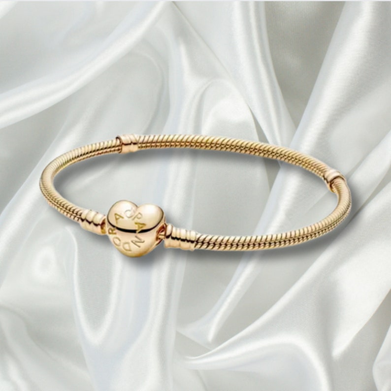 Pulsera minimalista de plata de ley S925, pulsera de cadena de serpiente con cierre de corazón, pulsera Pandora, pulsera de dijes, regalo para ella Gold