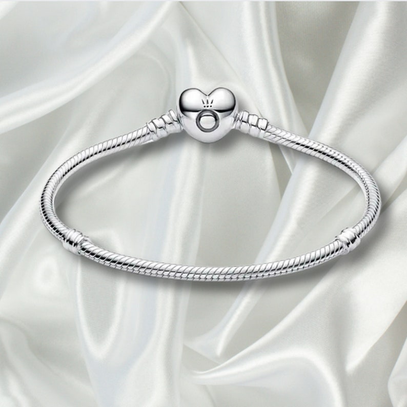 S925 Sterling Silver Minimalist Bracelet, Heart Clasp Snake Chain Bracelet, Pandora Bracelet, Charm Bracelet, Gift for Her image 2