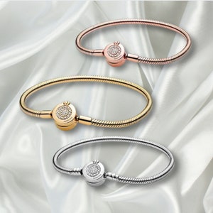Pandora Inspired Snake Chain Bracelet - Elegant and Timeless-S925 Sterling Silver Crown Charm Bracelet-Birthday Gift
