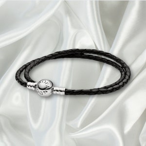 Pulsera con dijes Pandora de plata de ley S925, pulsera de cuero trenzado doble mixto, pulsera con hebilla de bola con dijes simples para todos los días, regalo de cumpleaños Black