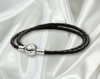 S925 Sterling Silber Pandora Bettelarmband, gemischtes doppelt geflochtenes Lederarmband, einfaches alltägliches Charmekugelschnallenarmband, Geburtstagsgeschenk