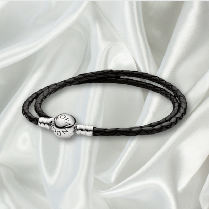 S925 sterling silver Pandora charm bracelet, mixed double braided leather bracelet, simple everyday charm ball buckle bracelet,birthday gift Black