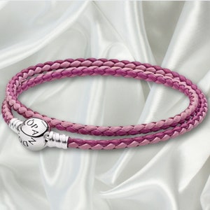 Pulsera con dijes Pandora de plata de ley S925, pulsera de cuero trenzado doble mixto, pulsera con hebilla de bola con dijes simples para todos los días, regalo de cumpleaños Pink