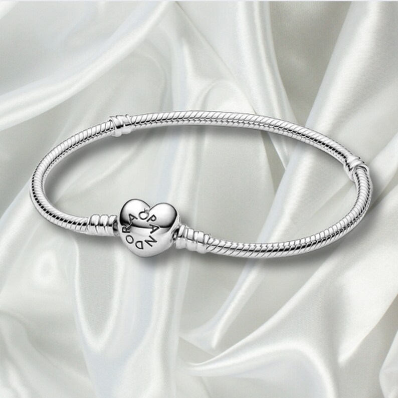 S925 Sterling Silver Minimalist Bracelet, Heart Clasp Snake Chain Bracelet, Pandora Bracelet, Charm Bracelet, Gift for Her Silver