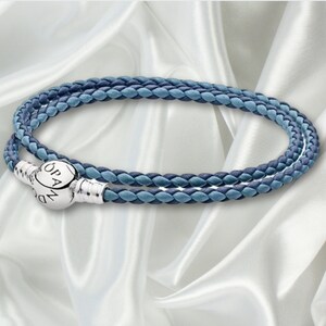 Pulsera con dijes Pandora de plata de ley S925, pulsera de cuero trenzado doble mixto, pulsera con hebilla de bola con dijes simples para todos los días, regalo de cumpleaños Blue