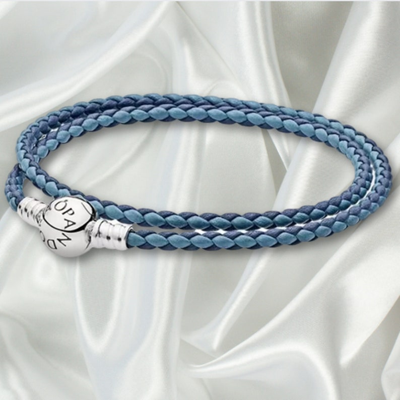 S925 sterling zilveren Pandora bedelarmband, gemengde dubbel gevlochten leren armband, eenvoudige alledaagse bedelarmband met bolgesp, verjaardagscadeau Blue