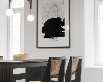 Art mural carte de Cannes France/impression - art mural carte moderne noir et blanc - décoration minimaliste - affiche carte de la ville de Cannes France