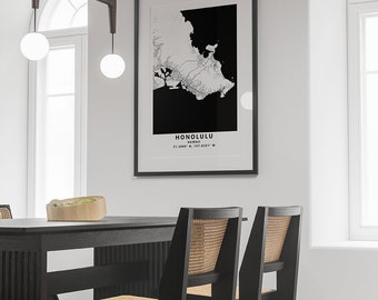 Honolulu Hawaii Map Print: Moderne schwarz-weiße Wandkunst (Digitaler Download)