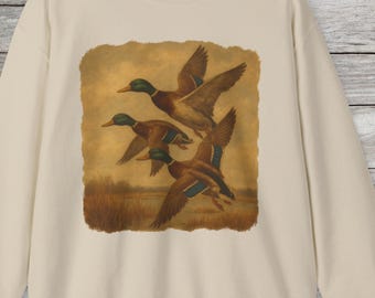 Duck Sweatshirt Vintage Hunting Shirt  Gift Mallard Flying Hoodie Sweatshirt