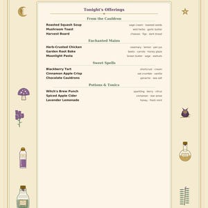 Puede incluir: Un menú de color crema titulado All Hallows' Feast Menu con encabezados y bordes morados. Enumera platos como sopa de calabaza, pollo a las hierbas y tarta de moras, decorado con pequeños iconos de setas, hierbas y frascos de pociones.