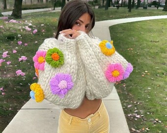 Cardigan à fleurs au crochet fait main, vestes amples à manches longues bouffantes pour femme, streetwear an 2000, cardigan en tricot, pulls vintage bohèmes, cadeau