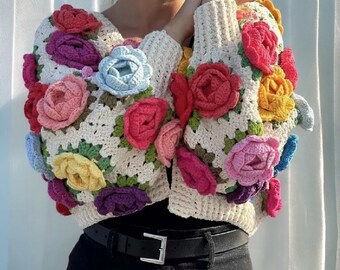 Handgemaakte gehaakte 3D-bloemvest, kleurrijke Boho Hand gehaakte trui vrouw, trui breien, gebreide trui, bloementrui, cadeau