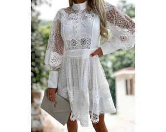 Lace Dress White Knee-High, Hollow Out Dress, Elegant, Boho, Trendy Summer Dress, Y2K, Bridesmaid, Party, Cami Dress, Mothers Day, Aesthetic