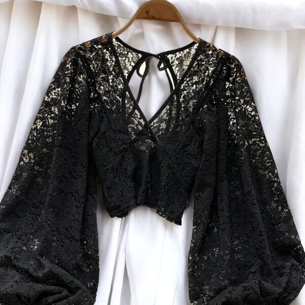 Dark Academia Top, Lace Blouse Women Elegant V-Neck, Y2K Top, Gothic Top, Puff Long Sleeve, Open Back, Spring/Summer Top, Vintage Crop Top