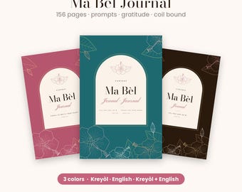 Può includere: Tre diari intitolati Ma Bèl Journal con 156 pagine, suggerimenti e sezioni di gratitudine. Le copertine sono rosa, verde acqua e marrone scuro, ognuna con un arco centrale, disegni floreali a linee e il testo Ma Bèl Journal.