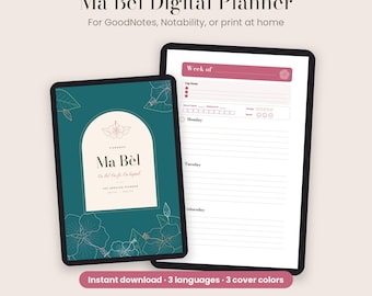 Può includere: Un'agenda digitale intitolata Ma Bèl con una copertina color verde ottanio caratterizzata da linee floreali dorate e una cornice ad arco. La pagina interna mostra un layout settimanale con sezioni per attività, monitoraggio e umore.