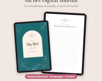 Può includere: Un diario digitale intitolato Ma Bèl Journal con una copertina color verde acqua, disegni floreali a linee bianche e un pannello centrale color crema ad arco. Una seconda pagina mostra lo spunto di scrittura What do I want to feel this year?