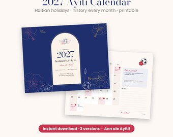 Può includere: Un calendario 2027 Ayiti con una copertina blu scuro, contorni di ibisco dorati e icone di palloni da calcio. La pagina interna mostra una griglia mensile con date evidenziate in rosa, una sezione per le note e del testo.