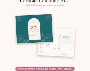 Può includere: Un calendario stampabile Carabae 2027 con copertina color verde acqua, decorazioni floreali dorate e un pannello centrale ad arco. La pagina interna mostra una griglia mensile, una sezione per le intenzioni e righe per le note.