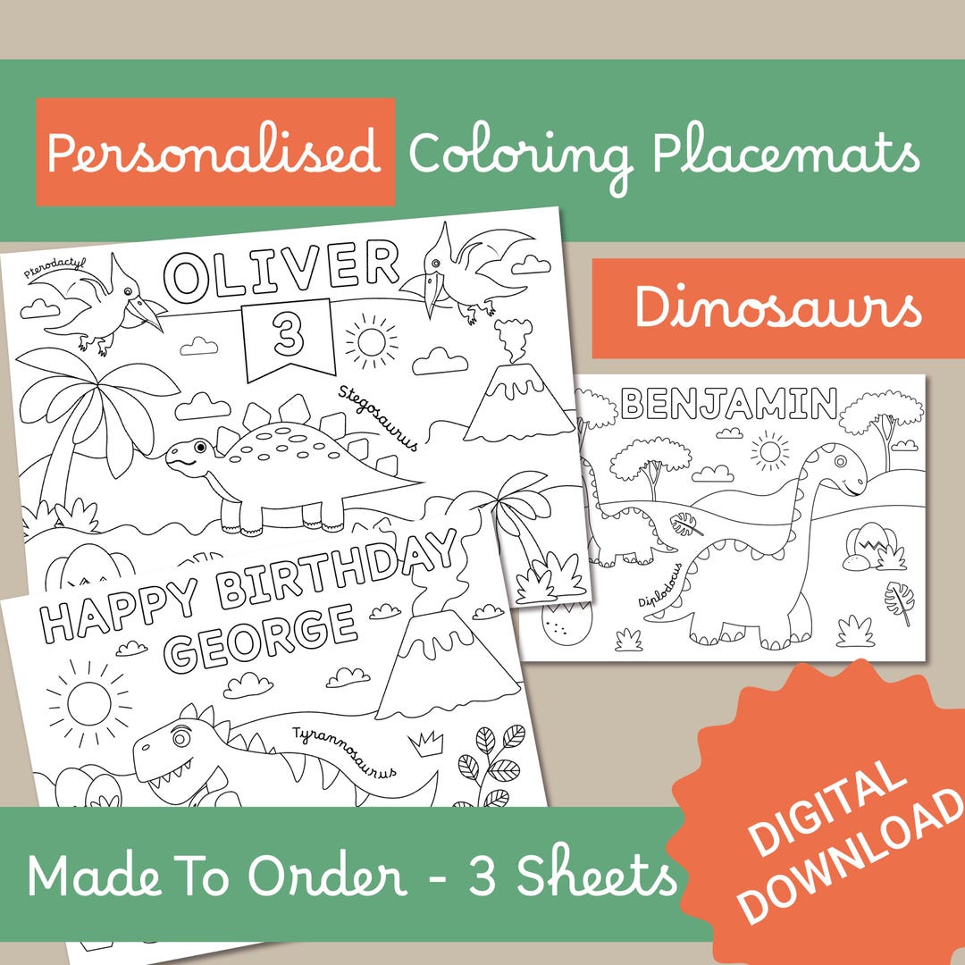Kids Personalised Dinosaur Printable Coloring Placemats, 3 Dino Sheets ...