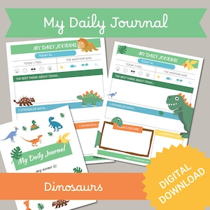 Diario imprimible para niños, diario con temática de dinosaurios, portada y 3 variaciones de página de diario, diario imprimible de gratitud de dinosaurios para niños en formato PDF