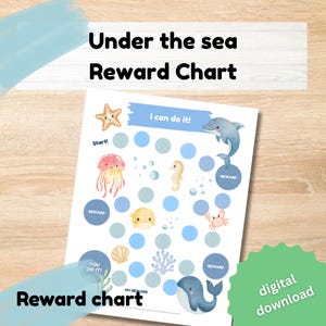 Może przedstawiać: Wydrukowany wykres nagród z motywem "Pod morzem". Wykres zawiera ilustracje życia morskiego, w tym rozgwiazdę, meduzę, konika morskiego i wieloryba. Widoczny jest również tekst "Dam radę!" i "Wykres nagród".