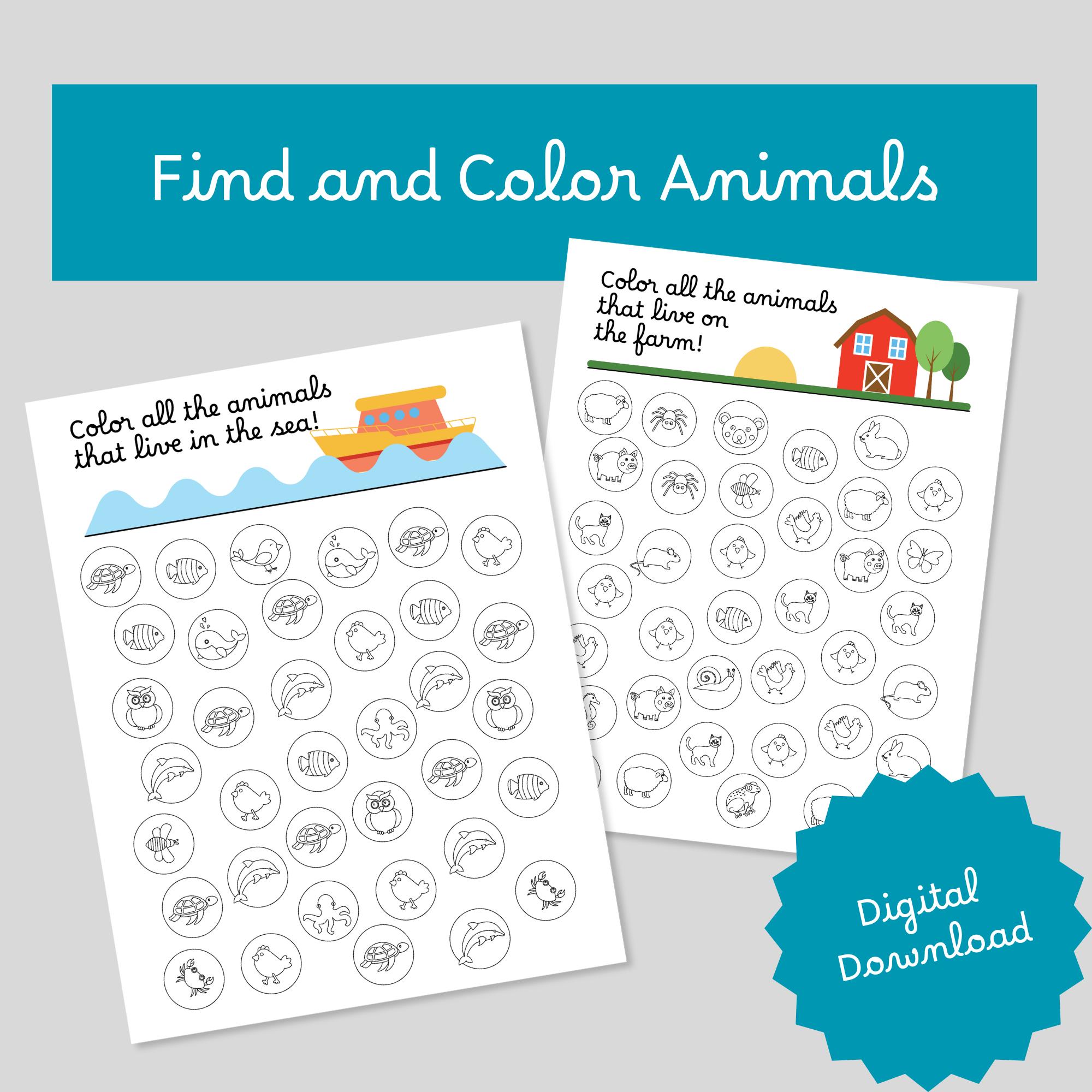 Find and Color Animals Printable – Sea, Forest, Farm, Bugs & More | Preschool Worksheets for Kids | Animal Activity Pages for Toddlers