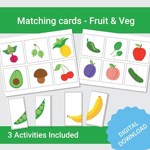 Gioco di abbinamento di frutta e verdura e schede di memoria per bambini, combina metà, attività educativa stampabile per l'istruzione parentale, scuola materna