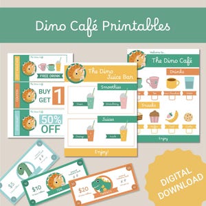 Dino Cafe Imaginative Role Play para crianças, kit de cafeteria de dinossauros divertido de faz de conta e Mom Bucks, conjunto de atividades dramáticas para impressão e dólares