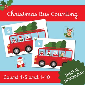 Activité de Noël en bus, numéros 1 à 5, 1 à 10, téléchargement numérique velcro pour l'enseignement à domicile et la maternelle, mathématiques précoces, cartable d'apprentissage