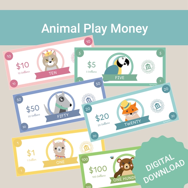 Pretend money for kids, fun animal printable mom bucks, colorful play money, dramatic play, classroom, homeschooling, restaurant, cafe play