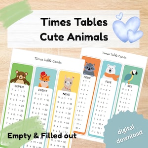 Cute Animals Multiplication Table Cards 1-12: Kids Math Worksheets (Digital Download)