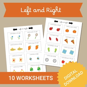 May include: Ten printable worksheets for kids to learn left and right. Each worksheet features a pair of colorful images with instructions to circle the image on the left or right.