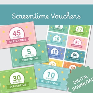 Schermtijdvouchers voor kinderen, verdien kortingsbonnen voor schermtijd, karweibeloning, direct downloaden, beloningssysteem, positieve gedragsmotivatie