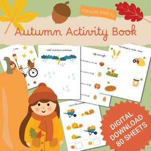 Libro de actividades imprimible de otoño para niños: traza, combina, cuenta y colorea. 80 hojas de trabajo educativas de otoño para regalar en casa. Jardín de infancia digital.