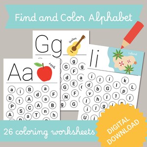 Hojas de trabajo para niños para encontrar y colorear las letras del alfabeto, libro de trabajo para la educación en el hogar, para preescolar, jardín de infantes, educación en el hogar, mayúsculas y minúsculas